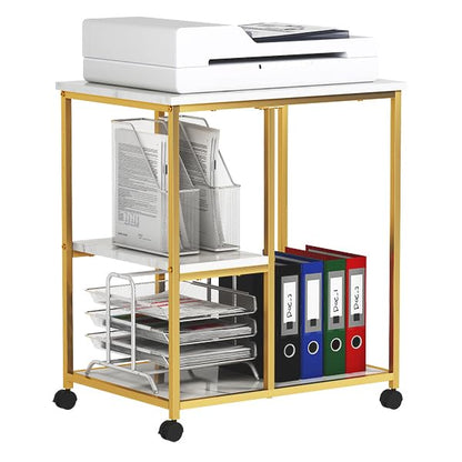 DlandHome Printer Stand with Locking Wheels, 3-Tier Shelf Printer Cart for Home Office Storage and Organization, Rolling Kitchen Utility Storage Cart, White & Golden