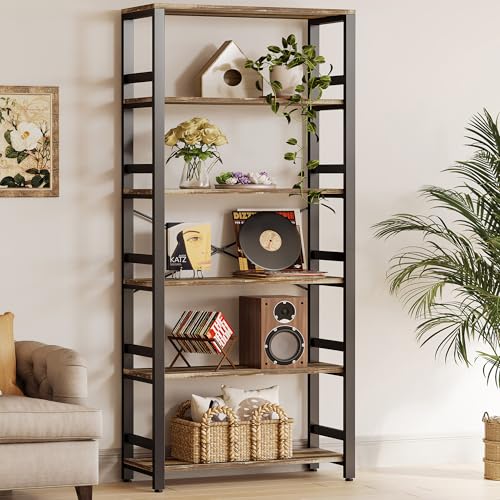IRONCK Bookshelf, 31.5" Wide 6-Tier Industrial Bookcase, Industrial Brown | 6-tier bookshelf, 110 lb per shelf. P2 MDF, Anti-tip. Vintage Industrial Bookshelves for Living Room Home Office - color: Industrial Brown