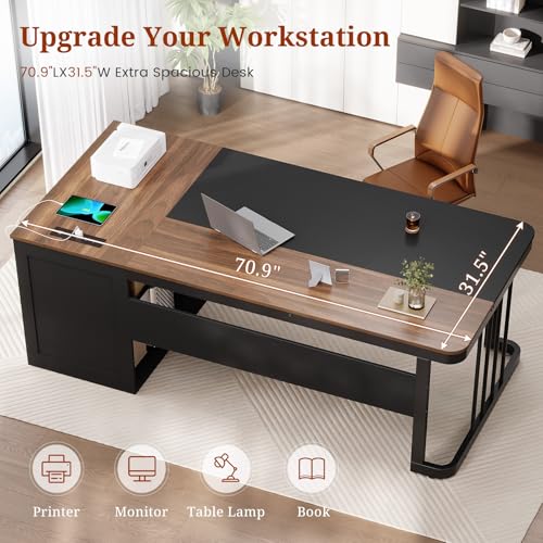 70.9" Executive Desk with Power Outlet, Large Office Desk with Drawers & Lateral File Cabinet, Long Computer Desk with Adjustable Storage Shelves, Modern Workstation Business Furniture (Walnut) - color: Walnut