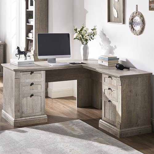 OKD 60" L Shaped Executive Desk, Farmhouse Desk with Drawers, Gray Oak - color: Light Rustic Oak