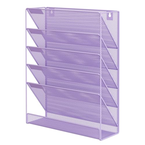 EasyPAG 5 Tier Wall File Holder, Mesh Hanging Folder Organizer with Classify Label, Versatile Desk File Holder, Vertical Wall Mounted Mail Organizer for Office Home Cubicle, Purple - color: Purple