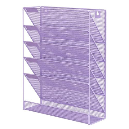 EasyPAG 5 Tier Wall File Holder, Mesh Hanging Folder Organizer with Classify Label, Versatile Desk File Holder, Vertical Wall Mounted Mail Organizer for Office Home Cubicle, Purple - color: Purple