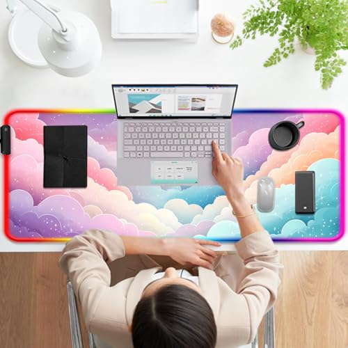 RGB Dreamy Colorful Cloud Star Gaming Desk Mat, XL Mouse Pad, Pink - color: Rgb-w08