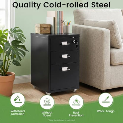 3-Drawer Metal Vertical File Cabinet, Narrow Mobile File Cabinet with Lock and 2 Keys, Under Desk Storage Drawer for Study Home-11 * 16 * 18.3in (Black) - color: Black