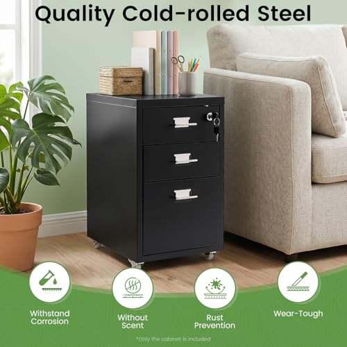 3-Drawer Metal File Cabinet, Mobile File Cabinet with Lock, Rolling Vertical Filing Drawers Under Desk for Home Office, 11 * 16 * 18.3in (Black) - color: Black