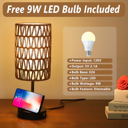Bedside Lamps Set of 2, Touch Control Night Stand Lamp for Bedroom with Rattan & Linen Shade & Bulbs, 3 Way Dimmable Small Boho Table Lamps with USB Charging Port & Phone Stand (Coffee Color) - color: Coffee-2pack