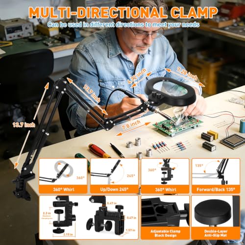 Magnifying Glass with Light and Clamp, 5in 12X Extended Arm - size: 5IN