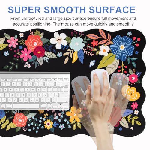 L-SPOUTTO Floral Mouse Pad, Black Scalloped Desk Mat XXL Gaming Mousepad | Botanical Large 35.4x15.7in Non-Slip Rubber Base Keyboard Pad Waterproof Desktop Mat for Laptop Computer Game Home Office - color: Black Floral