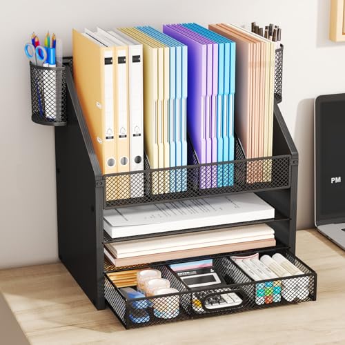 SWTYMIKI Desk Organizer with Drawers - Mesh and Wood Desk File Organizer with Pen Holders, 4-Tier Paper Organizer for Office Organizer and Accessorie, School and Home Storage, Black - color: Black, size: 13.3" x 10.2" x 15.8"