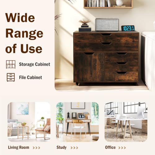 POWERSTONE Rolling File Cabinet 5-Drawer & One Side Door Storage Unit, Wood Printer Stand Drawer Cabinet with 5 Metal Wheels(2 Self-Locking) for Home Office, Coffee - color: Coffee