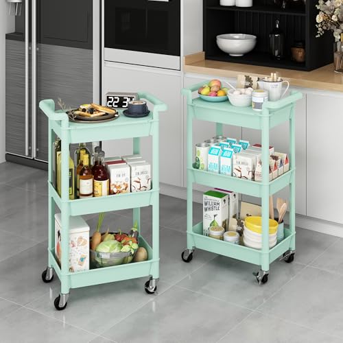 MIOCASA 3-Tier Utility Rolling Cart with Cover Top Board, Kitchen Storage Organization, Art Cart with Wheels for Office, Classroom, Livingroom, Kitchen, Bathroom, Green, Plastic - size: 3-Tier, style: Green