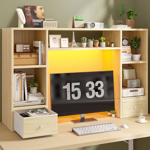 REIBII 47.2" Desktop Bookshelf, 6 Shelves & 2 Drawers, LED Lights, Natural - color: Natural