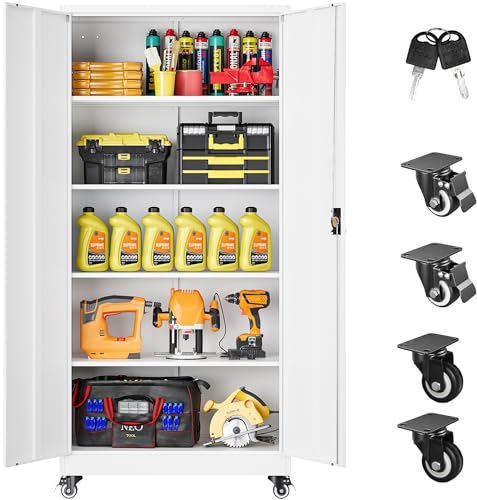 75" Tall Metal Storage Cabinet with Wheels,Rolling Garage Storage Cabinet with Lock,White Metal Cabinets with Wheels and Shelves,Tool Cabinets on Roller for Garage,Home,Office,Shop - color: White, size: 75"H x 31.5"W x 16"D