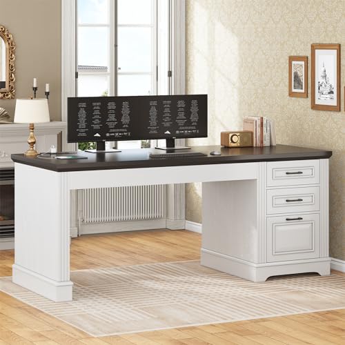 SEDETA Office Desk with 3 Drawers, 55" Executive Computer Desk with Storage Drawers, Farmhouse Desk with Power Outlet for Home Office, White - color: White, size: 55 inches