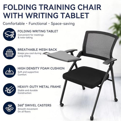 Folding Office Chair, Stackable Conference Chair with Casters and Tabletop | 300 lbs Capacity – Space-Saving for Meeting Room, Reception, Guest (With a writing pad) - size: M1
