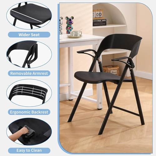 KAIHAOWIN 4 Pack Plastic Folding Chair with Armrest, Heavy Duty Foldable Chairs with Steel Frame Commercial Stackable Guest Chairs for Indoor and Outdoor-Black (Black) - color: Black X 4