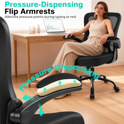 AreShark Office Chair - Ergonomic Breathable Mesh Desk Chair with Adjustable Lumbar Support and Flip-up Armrests - Executive High Back Rolling Swivel Comfortable Computer Gaming Chair for Home Office - color: Black