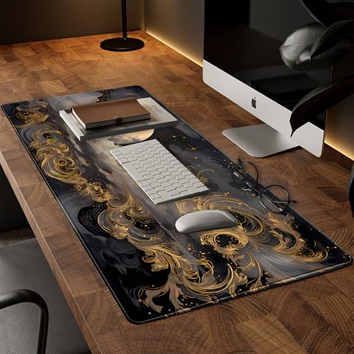 Golden Moon Desk Pad Black Desk Mat XXL Mouse Gaming Pads, Starry Sky Keyboard Pads Extra Large Desktop Computer Mats with Non-Slip Base & Stitched Edges, Vintage Office Decor 31.5" x 15.7" - color: Gold Rimmed Dark Cloud
