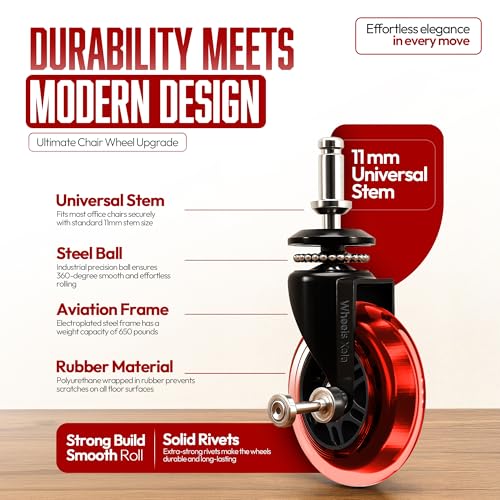 Office Chair Replacement Caster Wheels, 3 Inch Rollerblade Desk Chair Wheels for Carpet Hardwood Floors, Computer Chair Wheels - Gaming Desk Chair Casters - Fits 98% Chairs, Set of 5 - color: Red Pack of 5