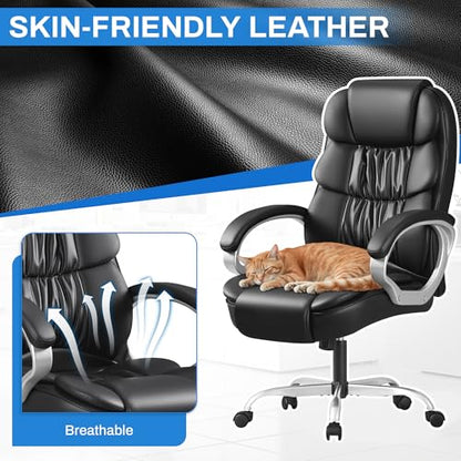Furmax Leather High Back Office Chair Ergonomic Executive Office Chair Swivel Computer Desk Chair Lumbar Support Soft Cushioned Padded Arms (Black) - color: Black