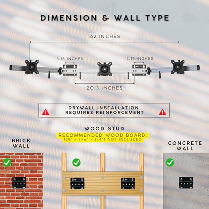 X-ROB Triple Monitor Wall Mount – Premium Aluminum 3 Arm Bracket for 15–32 Inch Screens, Dual Wall Anchors for Maximum Stability, Full Motion with 360° Rotation, VESA 75x75/100x100, Cable Management