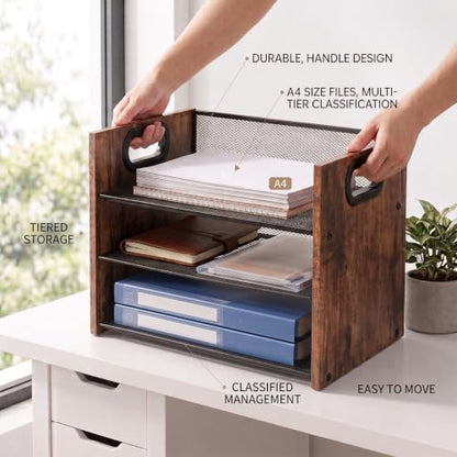 Desk Organizer - 3 Tier Wood & Metal Mesh Desktop Organizer for Office, Home, School, Workspace, Office Desk Organzier for Papers, Mail, Notebooks, Stationery - size: 3 Tier