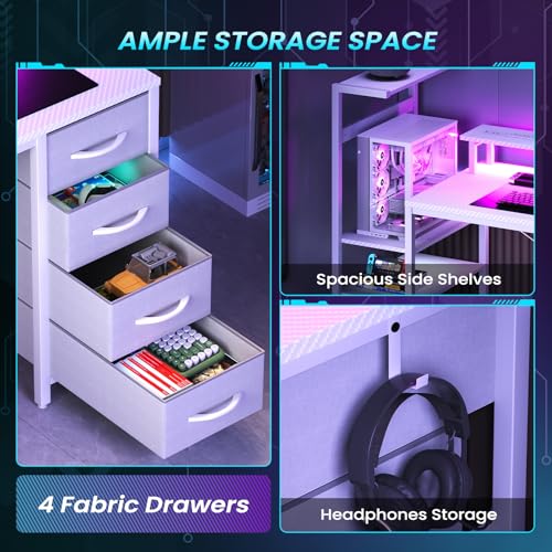 51in Gaming Computer Desk with Drawers & Power Outlet & LED Lights, White - color: White, size: 51''