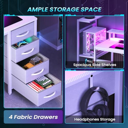 51in Gaming Computer Desk with Drawers & Power Outlet & LED Lights, White - color: White, size: 51''