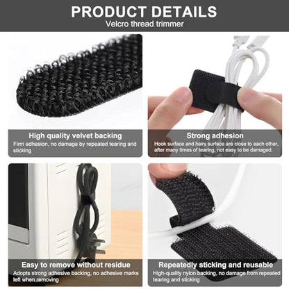 50-Pack Reusable Self-Adhesive Cable Ties Cable Management Adjustable Hook & Loop Straps for Organizing Data Cables, Wires, Headphones Under-Table Cord Management for Home, Office