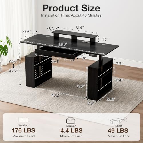 63x24 Inch Electric Standing Desk with Drawer & Power Outlet, Ergonomic Sit Stand Desk with LED Lights, Open Storage Spaces, Monitor Stand, Height Adjustable 28.3-47.2 Inches for Home & Office, Black - color: Black, size: 63x24Inch