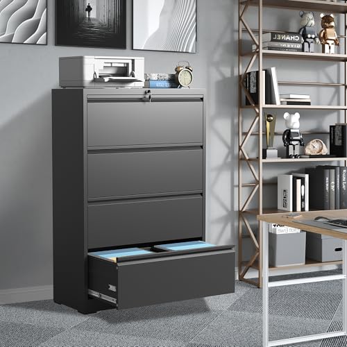 4 Drawer File Cabinet with Lock, Metal Lateral Filing Cabinets - color: Black, size: 4 Drawer_ 35"W