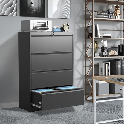 4 Drawer File Cabinet with Lock, Metal Lateral Filing Cabinets - color: Black, size: 4 Drawer_ 35"W