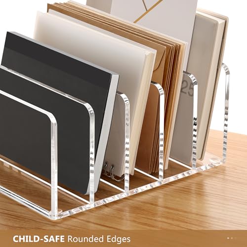 SANRUI Clear Acrylic Mail Organizer with 5 Compartments and 1 Pen Holder - size: 5 Slots with Pen Holder