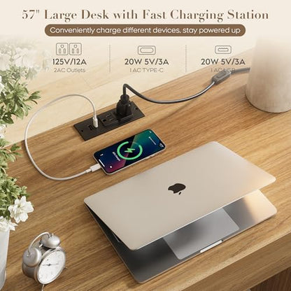 Yechen Executive Desk with 5 Drawers, 57" Modern Rattan Home Office Desk with Charging Station, File Drawer, Farmhouse Boho Computer Writing Desk for Study, Work, Walnut Brown