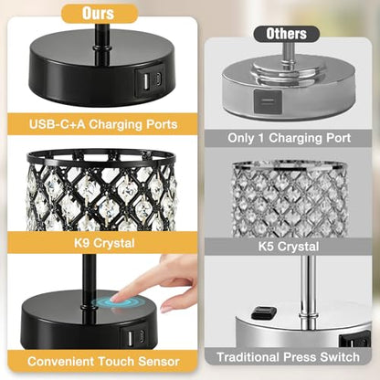 Crystal Table Lamp, Black Touch Lamp with USB C+A Port, 3-Way Dimmable - color: Black, size: 14.75"