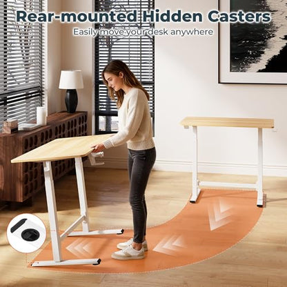 32''Pneumatic Standing Desk,Onepiece Adjustable Height Home Office | Maple 31.5''x19.7'' Small Home Desk Rolling Computer Workstation with Hooks & Cup Holder,Hidden Casters - color: Maple, size: 3220
