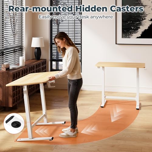 40''Pneumatic Standing Desk,Onepiece Adjustable Height Home Office | Maple 39.4" x 23.6" Home Desk Rolling Computer Workstation with Hooks & Cup Holder,Hidden Casters - color: Maple, size: 4024
