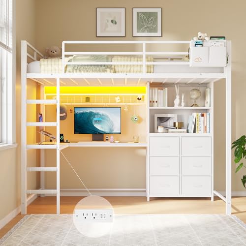 DICTAC Twin Loft Bed with L Shaped Desk,Storage Bookshelf & Drawers, White | Metal Loft Bed Features Charging Station, Smart RGB LED Lights and 6 Fabric Storage Drawers & Shelves, Safety Guardrail - color: White