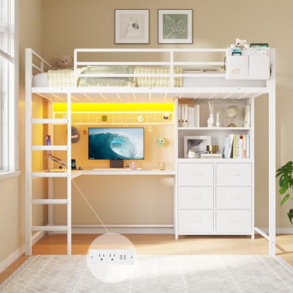 DICTAC Twin Loft Bed with L Shaped Desk,Storage Bookshelf & Drawers, White | Metal Loft Bed Features Charging Station, Smart RGB LED Lights and 6 Fabric Storage Drawers & Shelves, Safety Guardrail - color: White