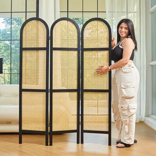 Svimi Room Divider and Folding Privacy Screens, Pine Wood 5.6 Ft Double Hinged Rattan Partition Freestanding Wall Room Divider for Home - 3 Panels - color: Black/Natural, size: 3 Panels