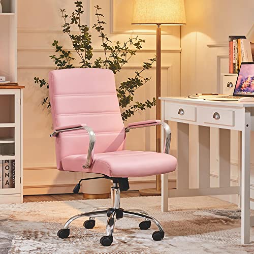 Yaheetech Pink Office Chair PU Leather Swivel Rocking Desk Seat with Arms | Foam-padded channel-stitched PU leather back supports desk hours; chrome frame rocks, adjusts in height, rolls on casters. - color: Pink