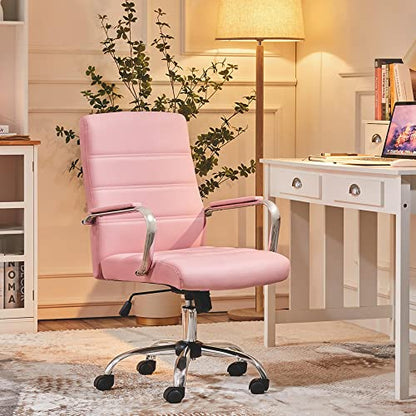 Yaheetech Pink Office Chair PU Leather Swivel Rocking Desk Seat with Arms | Foam-padded channel-stitched PU leather back supports desk hours; chrome frame rocks, adjusts in height, rolls on casters. - color: Pink