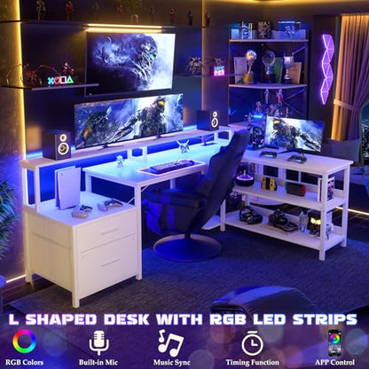 Aheaplus L Shaped Desk with Power Outlet & LED Strip, L Shaped Gaming Desk