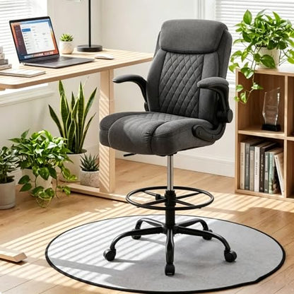 Drafting Chair Tall Office Chair for Standing Desk, Ergonomic Tall Desk Chair with Adjustable Height and Foot Ring, Flip-Up Armrests, Lumbar Support, Breathable Fabric Seat for Home Office and Studio - color: Grey