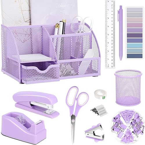 Purple Office Desk Accessories Supplies, 12pcs Desk Organizers and Accessories with Tape dispenser and Stapler,Staples,Staple Remover,Pen Holder,Scissor,Ruler,Sticky Tabs,Tape,Ballpoint Pen,Clips Set - color: Purple