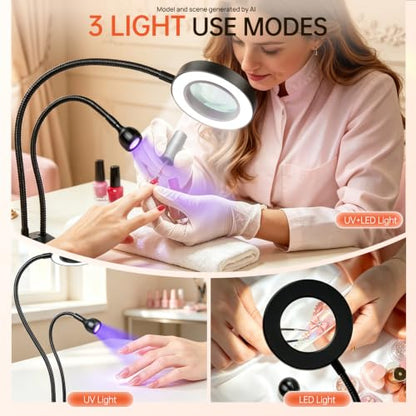 Mlogiroa UV LED Nail Lamp with 6X Magnifier Dual Head Nail Dryer for DIY | 3 Color Temps 4 Brightness, Flexible Gooseneck, USB powered for Gel Curing Repair Reading Hobby, Home Salon