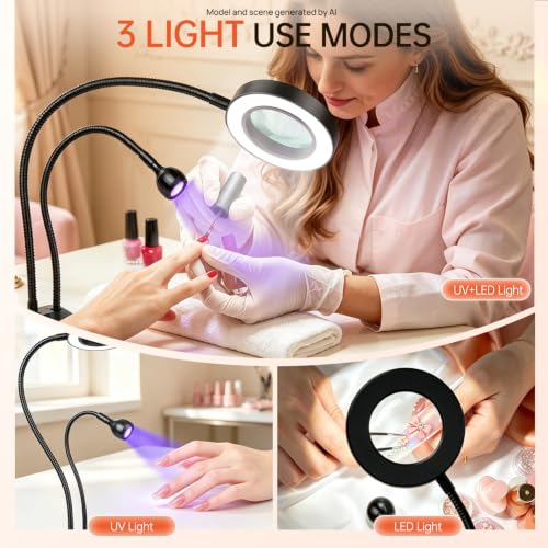 Mlogiroa UV LED Nail Lamp with 6X Magnifier Dual Head Nail Dryer for DIY | 3 Color Temps 4 Brightness, Flexible Gooseneck, USB powered for Gel Curing Repair Reading Hobby, Home Salon