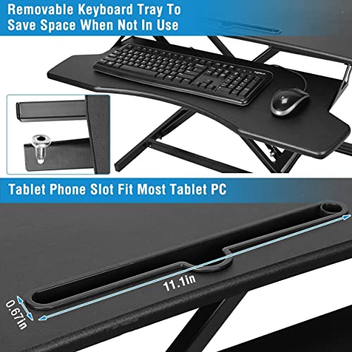 Adjustable Height Standing Desk Converter Workstation, Sit Stand Dual Monitor, Desktop Computer & Laptop Desk Riser With Keyboard Tray & Phone/Tablet Slot, 32’’ Wide & Supports Up To 44LBS