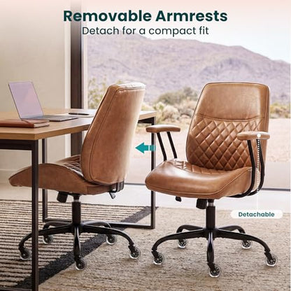 NEO CHAIR Brown Leather Office Chair with Ergonomic Design, Swivel Chair | Modern Computer Desk Chair with Genuine Leather, Lumbar Support, Removable Arms, Comfy Chair for Home Office, Smooth Rolling - color: A. Mid-back Brown