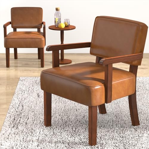 FAGAGA Accent Chairs Set of 2, 2 Solid Wood Armchairs with Side Table | Faux Leather Chair with Soft Thicken Cushion, Comfy Reading Chair for Bedroom, Waiting Room, Home Office, Easy Assembly - color: Faux Leather Brown, size: Set of 2 with table
